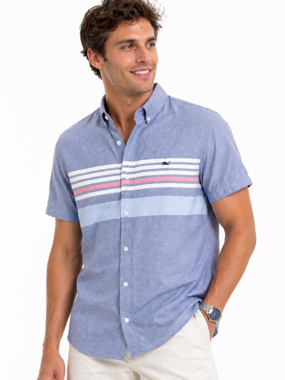 Vineyard Vines Slim Fit Whale XS Blue Striped Short Sleeve Button Down Preppy